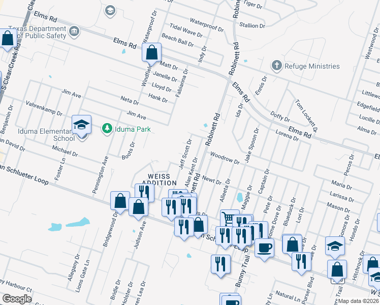 map of restaurants, bars, coffee shops, grocery stores, and more near 4204 Jeff Scott Drive in Killeen