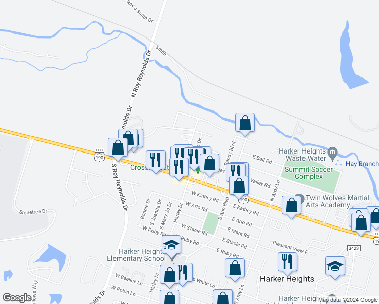 map of restaurants, bars, coffee shops, grocery stores, and more near 307 West Valley Road in Harker Heights