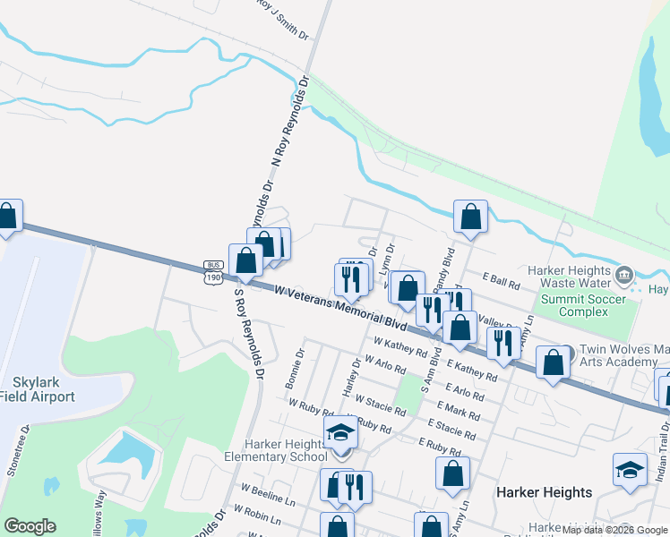 map of restaurants, bars, coffee shops, grocery stores, and more near 217 North Mary Jo Drive in Harker Heights