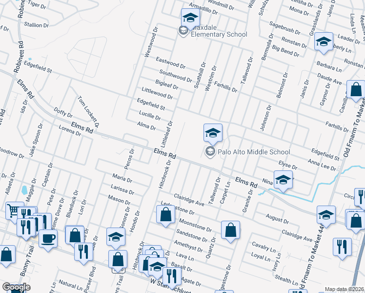 map of restaurants, bars, coffee shops, grocery stores, and more near 3802 Roundrock Drive in Killeen