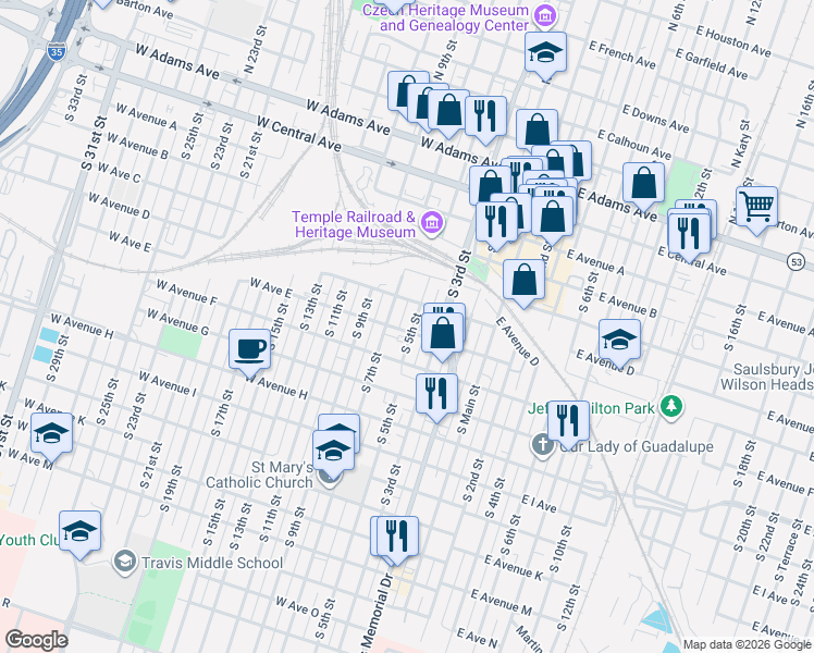map of restaurants, bars, coffee shops, grocery stores, and more near 211 East Avenue East in Temple