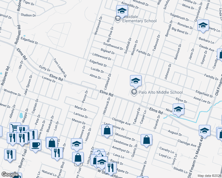 map of restaurants, bars, coffee shops, grocery stores, and more near 3801 Hitchrock Drive in Killeen