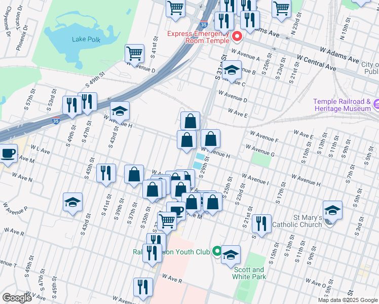 map of restaurants, bars, coffee shops, grocery stores, and more near 804 South 31st Street in Temple