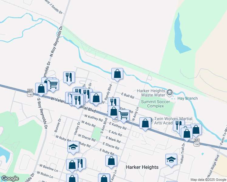 map of restaurants, bars, coffee shops, grocery stores, and more near 104 East Ball Road in Harker Heights