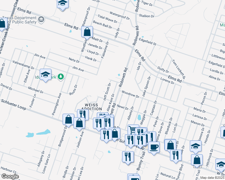 map of restaurants, bars, coffee shops, grocery stores, and more near 4102 Jeff Scott Drive in Killeen