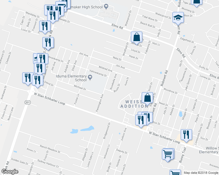 map of restaurants, bars, coffee shops, grocery stores, and more near 4309 Rosebelle Avenue in Killeen