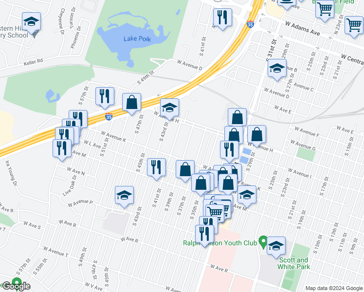 map of restaurants, bars, coffee shops, grocery stores, and more near 907 South 41st Street in Temple