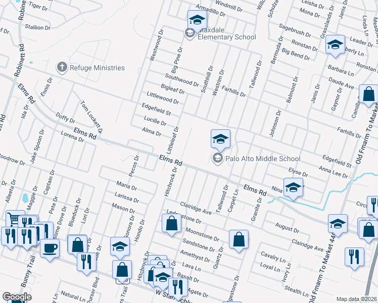 map of restaurants, bars, coffee shops, grocery stores, and more near 3602 Dustin Court in Killeen