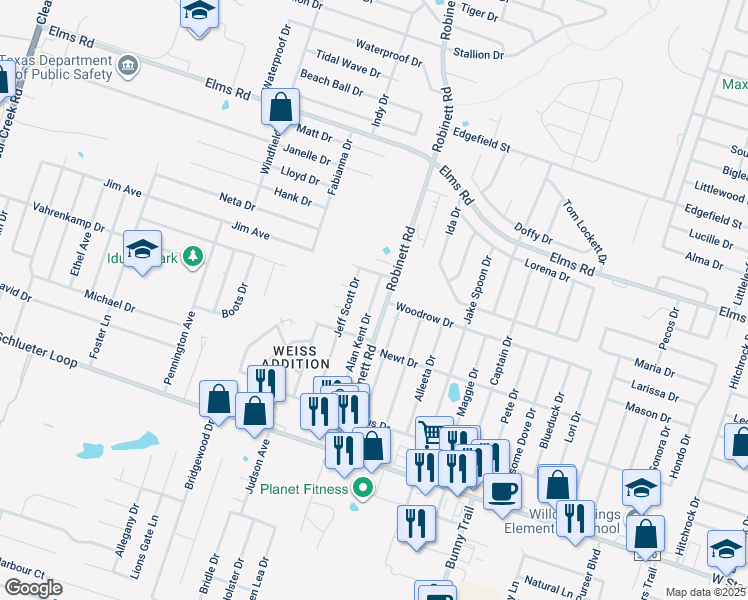 map of restaurants, bars, coffee shops, grocery stores, and more near 4102 Jeff Scott Drive in Killeen