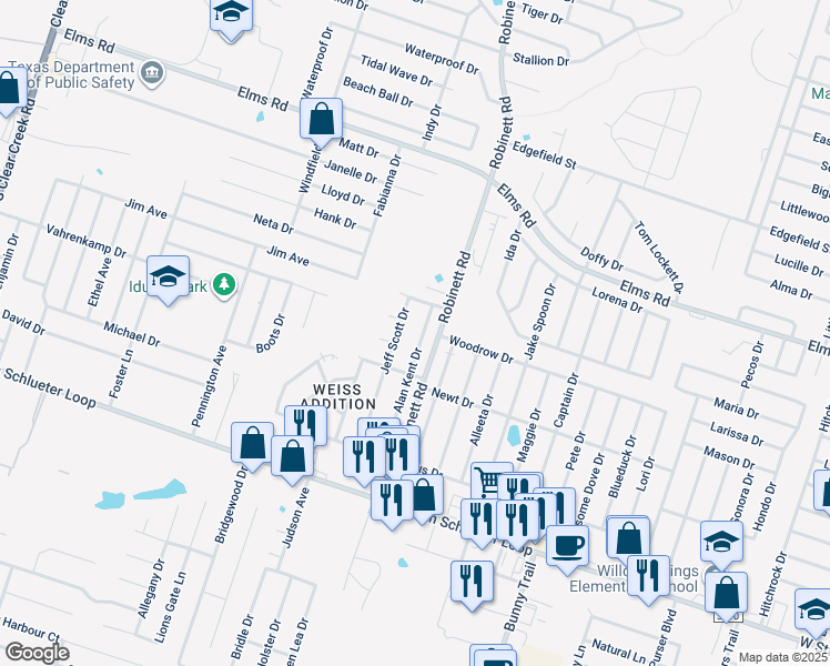 map of restaurants, bars, coffee shops, grocery stores, and more near 4102 Jeff Scott Drive in Killeen