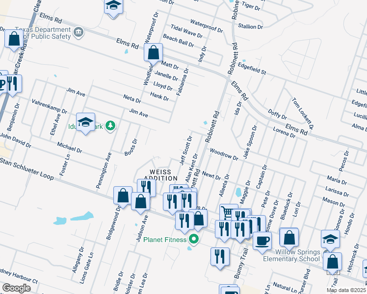 map of restaurants, bars, coffee shops, grocery stores, and more near 4004 Eula Bea Court in Killeen