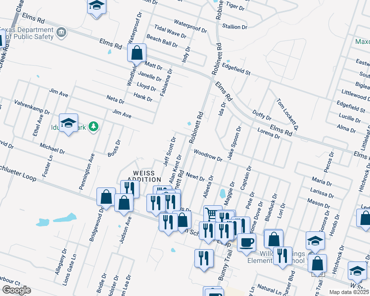 map of restaurants, bars, coffee shops, grocery stores, and more near 4106 Alan Kent Drive in Killeen