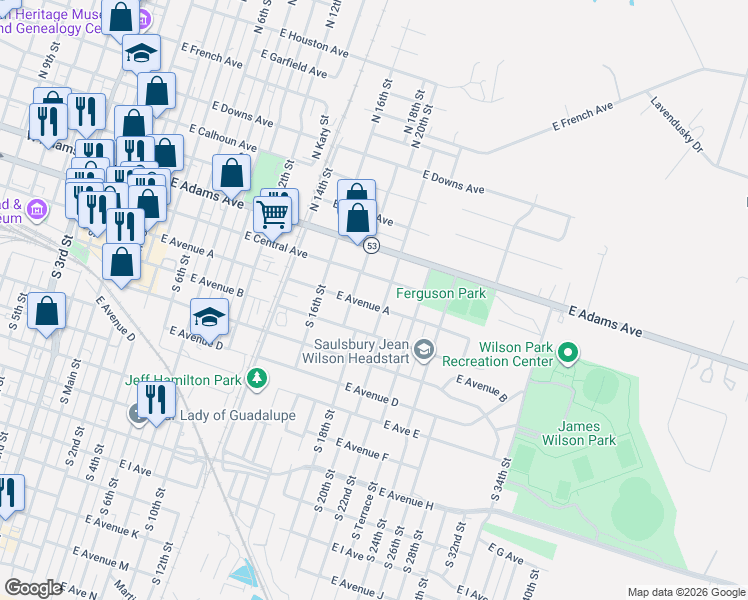 map of restaurants, bars, coffee shops, grocery stores, and more near 917 East Central Avenue in Temple