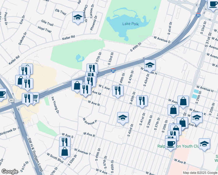 map of restaurants, bars, coffee shops, grocery stores, and more near 1101 South 51st Street in Temple