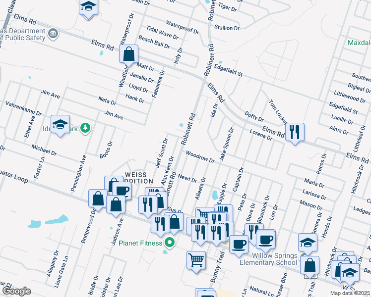map of restaurants, bars, coffee shops, grocery stores, and more near 3807 Woodrow Drive in Killeen