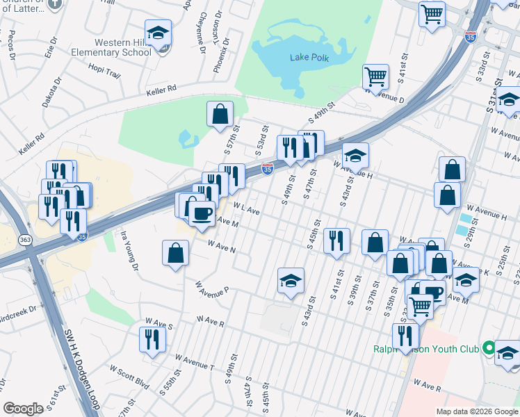map of restaurants, bars, coffee shops, grocery stores, and more near 1118 South 51st Street in Temple