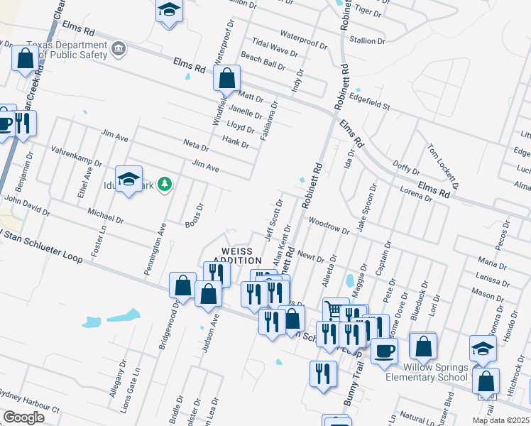 map of restaurants, bars, coffee shops, grocery stores, and more near 4003 Doraine Court in Killeen