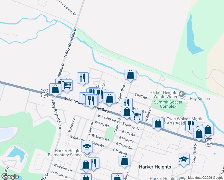 map of restaurants, bars, coffee shops, grocery stores, and more near 214 Northside Drive in Harker Heights