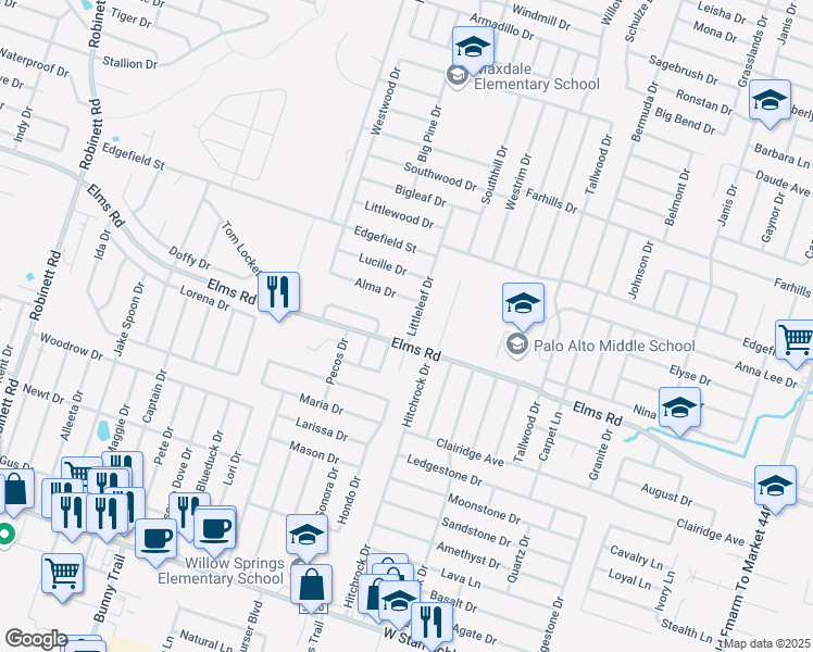 map of restaurants, bars, coffee shops, grocery stores, and more near 3705 Littleleaf Drive in Killeen