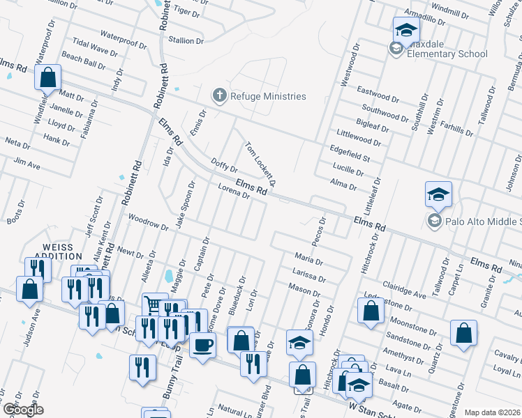 map of restaurants, bars, coffee shops, grocery stores, and more near 3105 Lorena Drive in Killeen