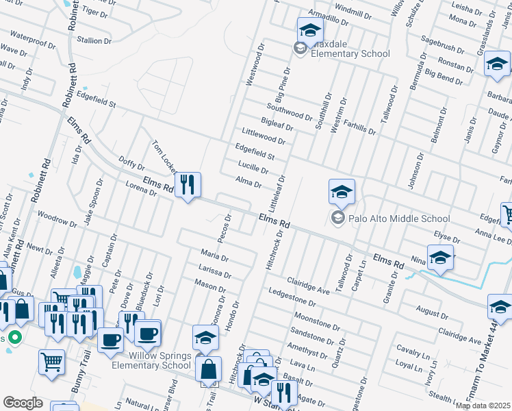 map of restaurants, bars, coffee shops, grocery stores, and more near 2608 Alma Drive in Killeen