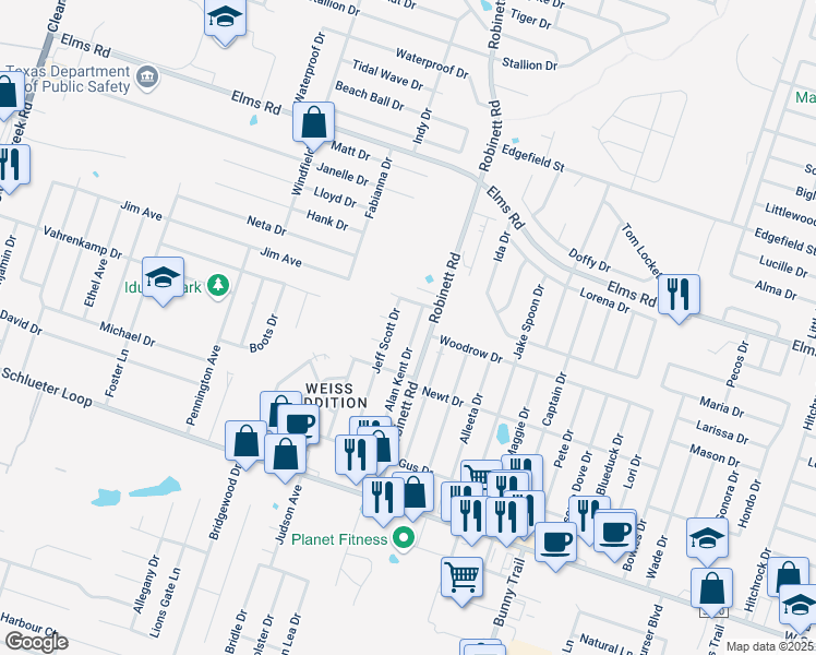 map of restaurants, bars, coffee shops, grocery stores, and more near 4102 Jeff Scott Drive in Killeen