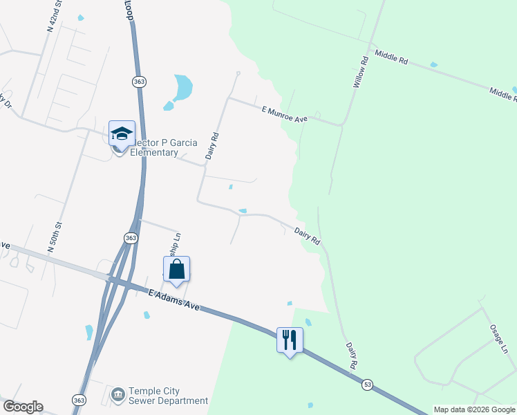 map of restaurants, bars, coffee shops, grocery stores, and more near 3267 Dairy Road in Temple
