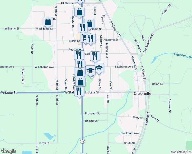 map of restaurants, bars, coffee shops, grocery stores, and more near 19325 Rowe Street in Citronelle