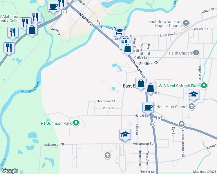 map of restaurants, bars, coffee shops, grocery stores, and more near 212 Simmons Street in Brewton