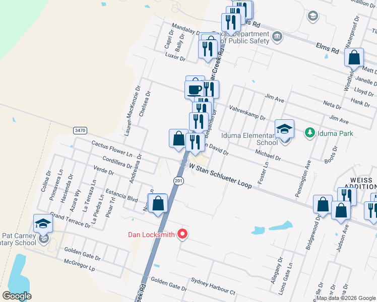 map of restaurants, bars, coffee shops, grocery stores, and more near Clear Creek Road in Killeen