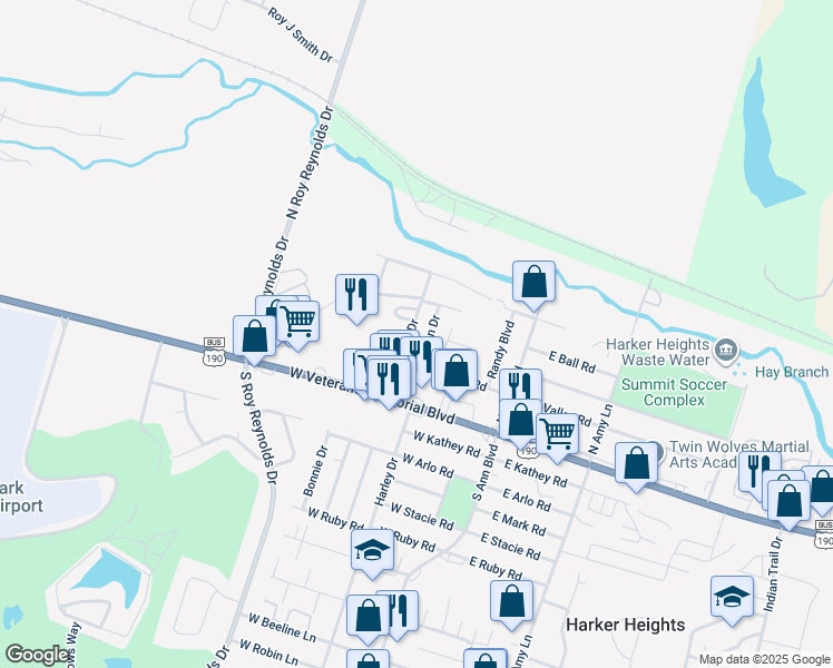 map of restaurants, bars, coffee shops, grocery stores, and more near 236 North Mary Jo Drive in Harker Heights