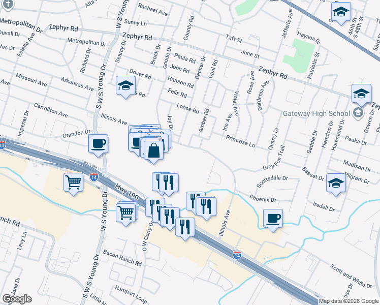 map of restaurants, bars, coffee shops, grocery stores, and more near 2600 Illinois Avenue in Killeen
