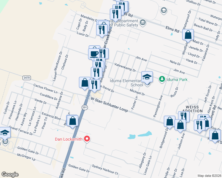map of restaurants, bars, coffee shops, grocery stores, and more near 4507 Barrington Trail in Killeen