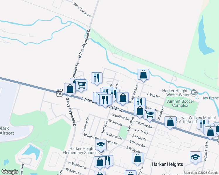 map of restaurants, bars, coffee shops, grocery stores, and more near 236 North Mary Jo Drive in Harker Heights