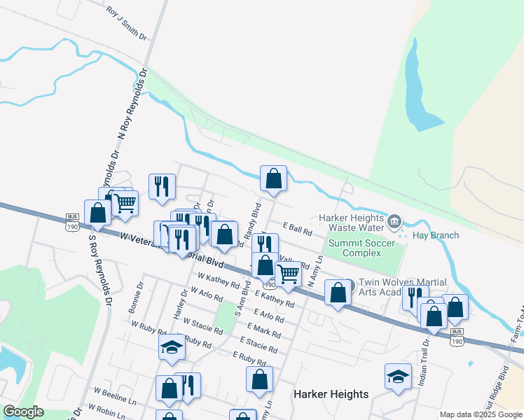 map of restaurants, bars, coffee shops, grocery stores, and more near 408 North Ann Boulevard in Harker Heights