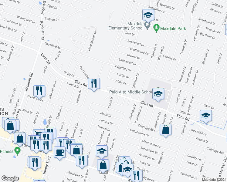 map of restaurants, bars, coffee shops, grocery stores, and more near 2709 Vernice Loop in Killeen