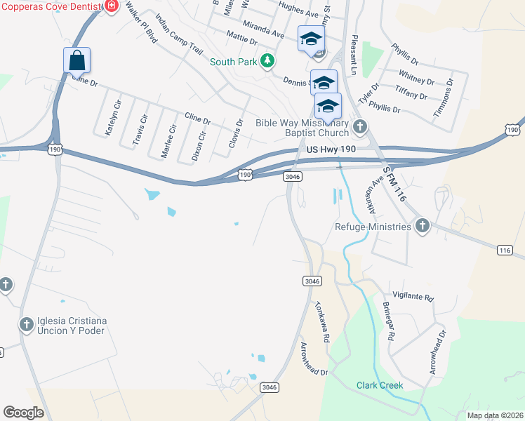 map of restaurants, bars, coffee shops, grocery stores, and more near 2504 Farm To Market 3046 in Copperas Cove