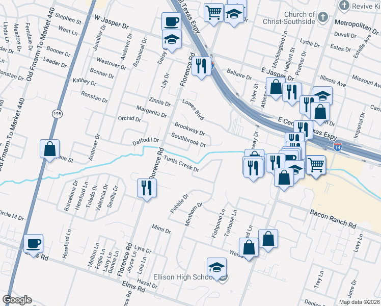 map of restaurants, bars, coffee shops, grocery stores, and more near 202 Nancy Drive in Killeen