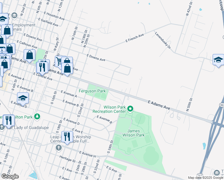 map of restaurants, bars, coffee shops, grocery stores, and more near 1314 East Adams Avenue in Temple