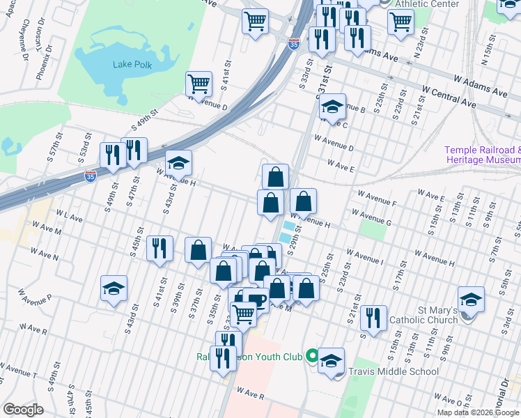 map of restaurants, bars, coffee shops, grocery stores, and more near 802 South 33rd Street in Temple