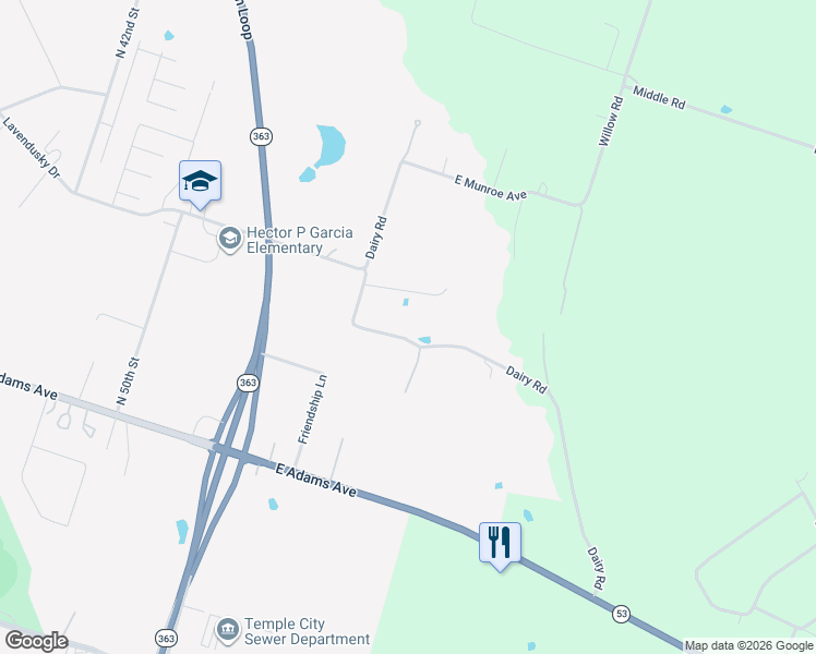 map of restaurants, bars, coffee shops, grocery stores, and more near 3267 Dairy Road in Temple