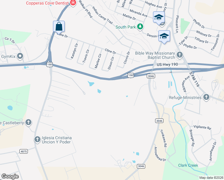 map of restaurants, bars, coffee shops, grocery stores, and more near 2700 US Hwy 190 South Bypass in Copperas Cove