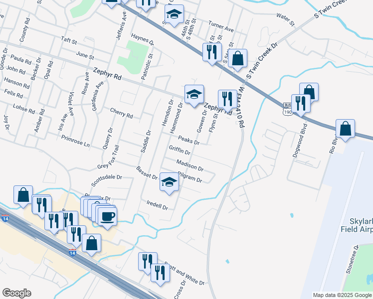 map of restaurants, bars, coffee shops, grocery stores, and more near 3804 Peaks Drive in Killeen
