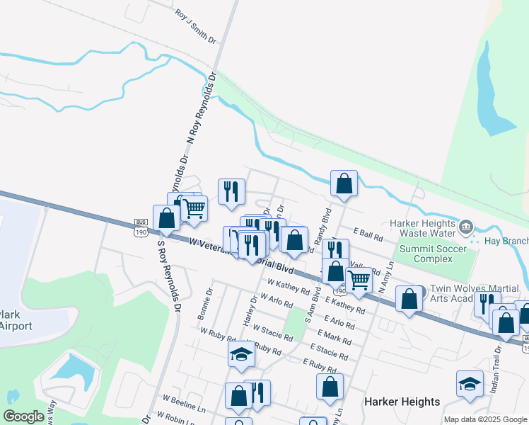 map of restaurants, bars, coffee shops, grocery stores, and more near 236 North Mary Jo Drive in Harker Heights