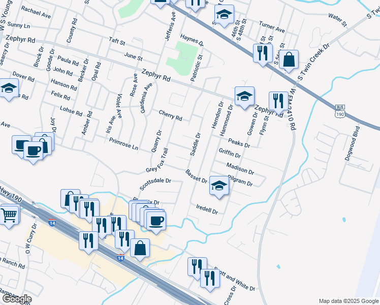 map of restaurants, bars, coffee shops, grocery stores, and more near 1602 Saddle Drive in Killeen