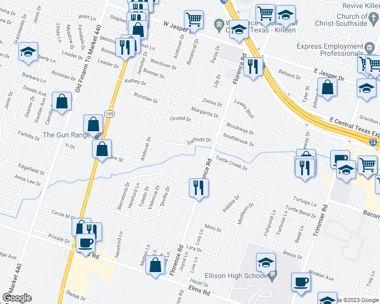 map of restaurants, bars, coffee shops, grocery stores, and more near 2506 Poppy Drive in Killeen