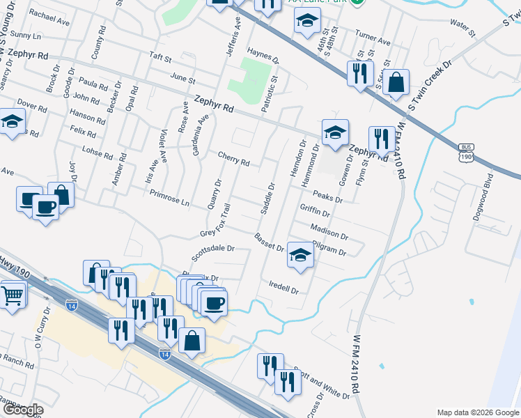 map of restaurants, bars, coffee shops, grocery stores, and more near 3510 Bugle Drive in Killeen