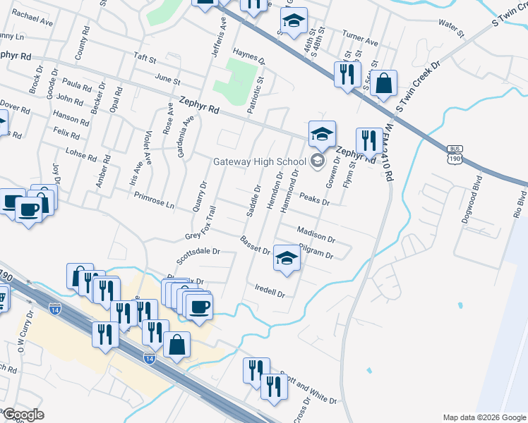 map of restaurants, bars, coffee shops, grocery stores, and more near 1602 Saddle Drive in Killeen