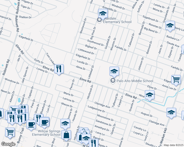 map of restaurants, bars, coffee shops, grocery stores, and more near 3604 Littleleaf Drive in Killeen