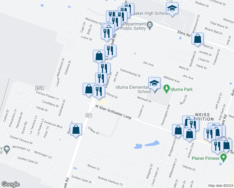 map of restaurants, bars, coffee shops, grocery stores, and more near 4505 Barrington Trail in Killeen
